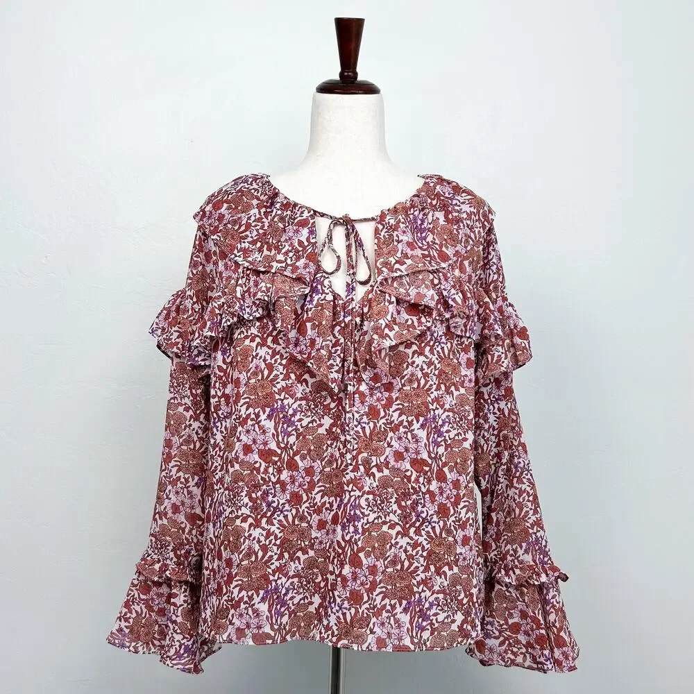 J. Crew Crinkle Chiffon Floral Fete Ruffle Bell Long Sleeve V-Neck Blouse MEDIUM - Picture 2 of 11